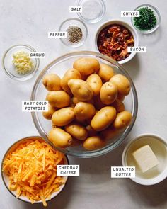 the ingredients to make potato casserole are shown in bowls