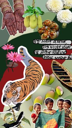 a collage of pictures with different people and animals on them, including flowers, fruit, and other things