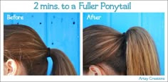 2mins For A Fuller Ponytail    I love this and use it on school days when I just want to pull my hair back.  I always get compliments about how thick my hair looks.  Want to know my secret?  Here it is! Curl Wrap, Hairstyle Tricks, Fuller Ponytail, Hairstyle Hacks, Curling Wand, Great Hair