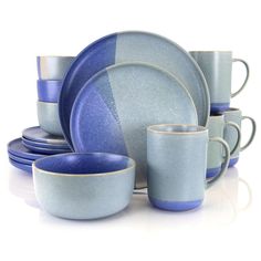 Convergence 16-Piece Casual Blue Stoneware Dinnerware Set (Service for 4) - Super Arbor Casual Dinnerware Sets, Dinner At Home, Blue Bedding, Luxury Vinyl Plank, Dinnerware Set, Color Pallets