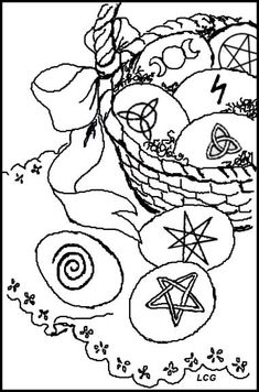 a black and white drawing of a basket full of fruit with stars on the side