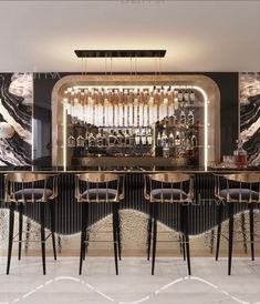 the bar is decorated with black and white marble, along with modern chairs that are lined up in front of it