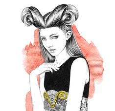 a drawing of a woman with long hair and tattoos on her arm, wearing a black top