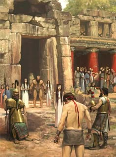 a painting of people standing around in front of an ancient building with columns and pillars