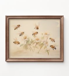 a painting of bees flying over flowers on a white wall