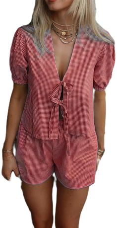 PRICES MAY VARY. MATERIAL: Women cute 2pcs outfits are made of 95% polyester and 5% spandex, ultra-soft, skin-friendly, durable and not easy to deform, good breathability, and comfortable to wear. DESIGN: Plaid pattern pjs set outfits for women clothing, tee tops for women use lace up, bow tie, puff short sleeve, ruffle hem, deep v-neck, cropped length, matches with wide leg, high waist, elastic waistband, with 2 pockets soft shorts, chic and stylish sleep clothes, cute going out two piece suit. Set Outfit Two Pieces, Shorts Sleepwear, Pjs Set, Peplum Shirt, Babydoll Shirt, Sleep Clothes, Summer Outfits 2024, Peplum Shirts, Matching Sets Outfit