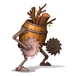 an image of a cartoon character holding a barrel with wood on it's side