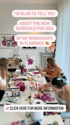 two women sitting at a table with flowers on it and the words, i'm glad to tell you about the new schedule for 202 of my workshop in florence