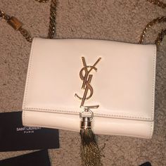 Nude With Gold Chain Carried Very Few Times Comes With Dust Bag And Authenticity Card Denim Wristlet, Bags Ysl, Ysl Kate, Ysl Makeup, Saint Laurent Bags, Yves Saint Laurent Bags, Baby Monogram, Heart Bag, Tassel Bag