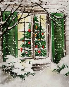 a painting of a window with christmas decorations on it