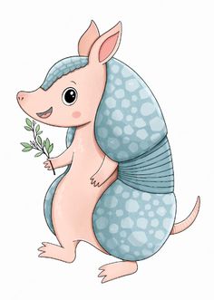 a cartoon mouse with a blue blanket on its back, holding a plant in it's paws