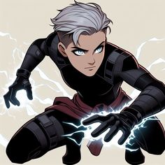 an animated character with white hair and blue eyes, wearing black gloves while lightning strikes in the background