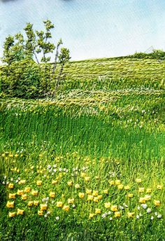 a painting of yellow and white flowers in a green field with blue sky behind it