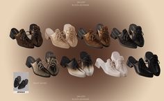 there are many different types of shoes in the picture and each has an individual's name on it