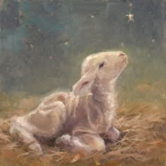 an oil painting of a lamb laying on the ground in front of a star filled sky