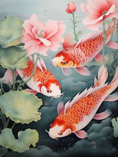 two koi fish are swimming in the water with lily pads and flowers around them