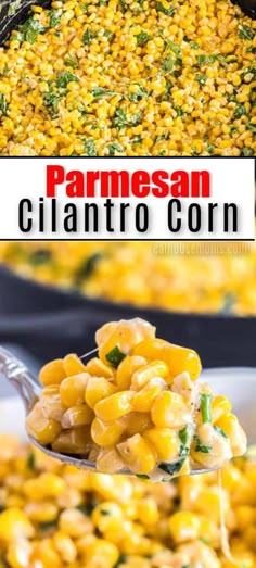 corn casserole with parmesan and cilantro is shown in the background