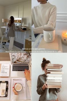 a collage of photos with books and a woman holding a coffee mug in front of a laptop