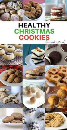 a collage of christmas cookies with the words healthy christmas cookies on it and pictures of different types of cookies