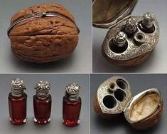 four different views of an old silver and glass jar with two bottles in the middle