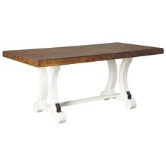 a wooden table with white legs and wood top