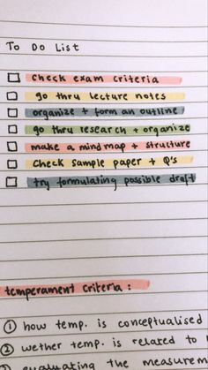 a piece of lined paper with writing on it that says to do list and check exam materials