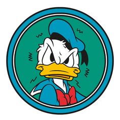 a cartoon duck with a blue hat and red bow tie, in a green circle