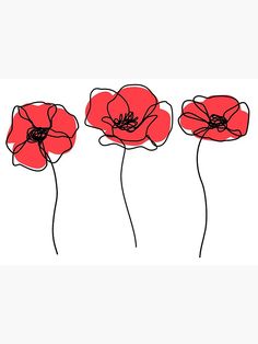 three red flowers with black stems on a white background