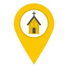 a yellow map marker with a church on it and a cross at the top in the center