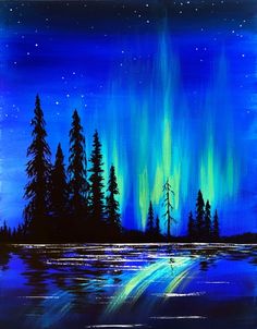 an acrylic painting of the aurora bore over a lake with trees in it