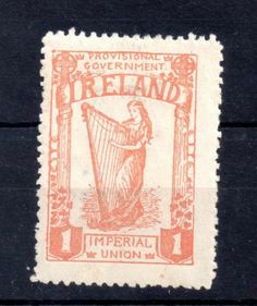 a stamp with an image of a woman holding a harp on it's side