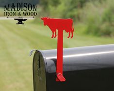 Cow Mailbox Flag - Madison Iron and Wood - Mailbox Post Decor - metal outdoor decor - Steel deocrations - american made products - veteran owned business products - fencing decorations - fencing supplies - custom wall decorations - personalized wall signs - steel - decorative post caps - steel post caps - metal post caps - brackets - structural brackets - home improvement - easter - easter decorations - easter gift - easter yard decor Cow Mailbox, Mailbox Stand, Mailbox Flag, Mailbox Makeover, Unique Mailboxes, Metal Cow, Metal Flag, Metal Mailbox, Post Caps