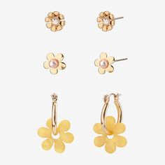 # Pieces In Set: 3 PairIncluded: 3 Pair of EarringsFeatures: Nickel FreeEarring Back: PostShape: FlowerMetal Color: Gold ToneEarring Length: 16mmEarring Width: 16mmCare: Wipe CleanEarrings Type: Earring Sets, Post EarringsEarrings Style: Stud EarringsMetal: ZincCountry of Origin: Imported Earring Sets, Flower Earring, Flower Earrings, Jewellery And Watches, Earring Set, Arizona, Gold Tones, Women Jewelry, The Originals