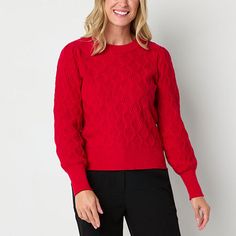 Intricately detailed with a woven pattern, this women's pullover sweater from Liz Claiborne is a versatile cold-weather essential. Cut for a classic-fit from a soft knit-blend, it has a crew neckline, balloon long sleeves, and ribbed trims. Wear it with tailored pants or jeans.Closure Type: Pullover HeadFit: Classic FitNeckline: Crew NeckSleeve Length: Long SleeveSleeve Style: Cuffed SleeveApparel Length: 24 InchesFiber Content: 53% Rayon, 26% Polyester, 21% NylonFabric Description: KnitCare: Ma Sweater Sets, 40s Fashion, Large Sweaters, Long Sleeve Pullover Sweater, Small Sweater, Woven Pattern, Red Sweater, Pullover Sweater Women, Tailored Pants