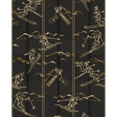 a black and gold wallpaper with skiers on it