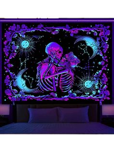 a bed with a purple glow in the dark wallpaper and a skeleton on it