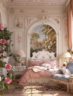 a bedroom decorated in pink and white with flowers on the wall