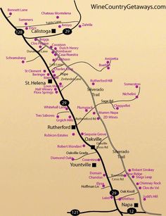 the wine country getaways map is shown in pink and black, with several locations marked