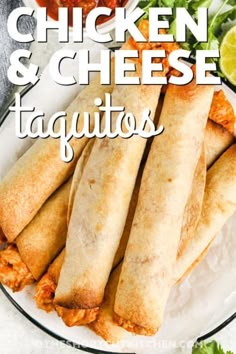 chicken and cheese taquitos on a white plate