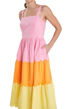 Make a retro statement in this colorblocked woven-cotton dress fashioned with scalloped edges, a square neckline and a flowy, tiered silhouette. Square neck Sleeveless Side-seam pockets Lined 95% cotton, 5% polyester Hand wash, dry flat Imported Pink Semi-stitched Cotton Dress, Multicolor Smocked Mini Dress, Playful Multicolor Smocked Dress, Plain Kurti Designs, Plain Kurti, Pink V-neck Tiered Summer Dress, Multicolor Mini-length Smocked Dress For Summer, Kurti Designs, Cotton Weaving