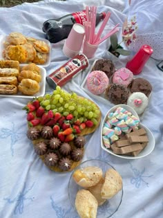 a table topped with lots of desserts and pastries on top of a blanket