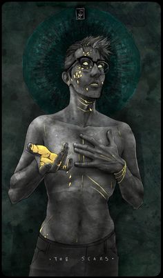 a drawing of a man with yellow paint on his face and chest holding a banana