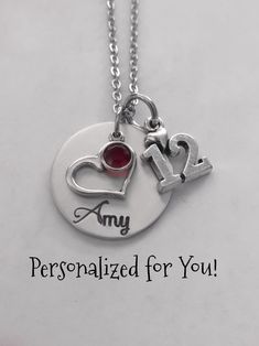 "Personalized 12th Birthday Hand Stamped Necklace Necklace features a custom stamped disc and a #12 charm, an open heart charm along with a Swarovski Crystal Birthstone. Fashioned on an 16\" stainless steel chain. ♥♥  All my necklaces come on high-quality stainless steel chain.           Stainless steel is resistance to rust, oxidation and discoloration.           It can be worn daily in the shower and will not fade or chip over time.  ♥♥ Necklace is gift-ready; arriving to you in a cute giftbox Time Necklace, Birthday Necklace, Birthday Keepsakes, Necklace Swarovski, Hand Stamped Necklace, 12th Birthday, Hand Stamped Jewelry, Keepsake Jewelry, Necklace Necklace