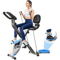 a woman on an exercise bike with the seat up and resistance training equipment in front of her