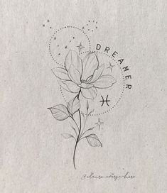 a drawing of a flower with the words dream on it and stars in the background