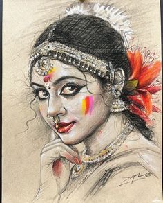 a drawing of a woman with makeup on her face and headdress is shown