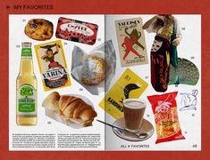 an open magazine with pictures of food and drinks on the pages, including bread, coffee, milkshake, croissants