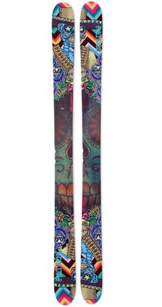 a pair of skis with colorful designs on them