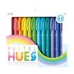 a box of assorted pastel hues in different colors and sizes, with the packaging