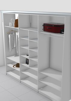 a white closet with several shelves and items on the shelf next to it, including a red suitcase